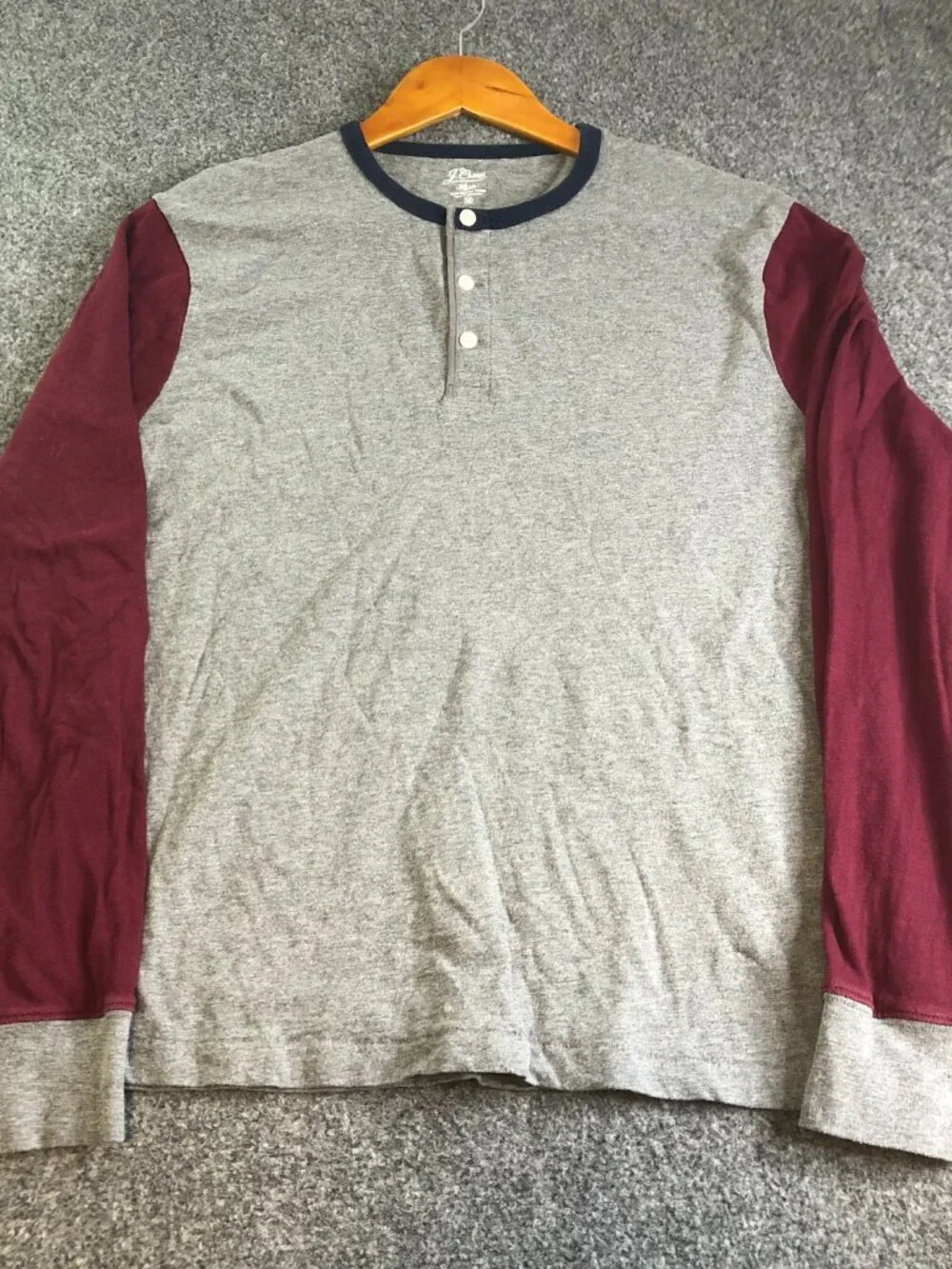 J Crew Shirt Mens Medium Red Gray Slub 100% Cotton Long Sleeve Raglan Henley